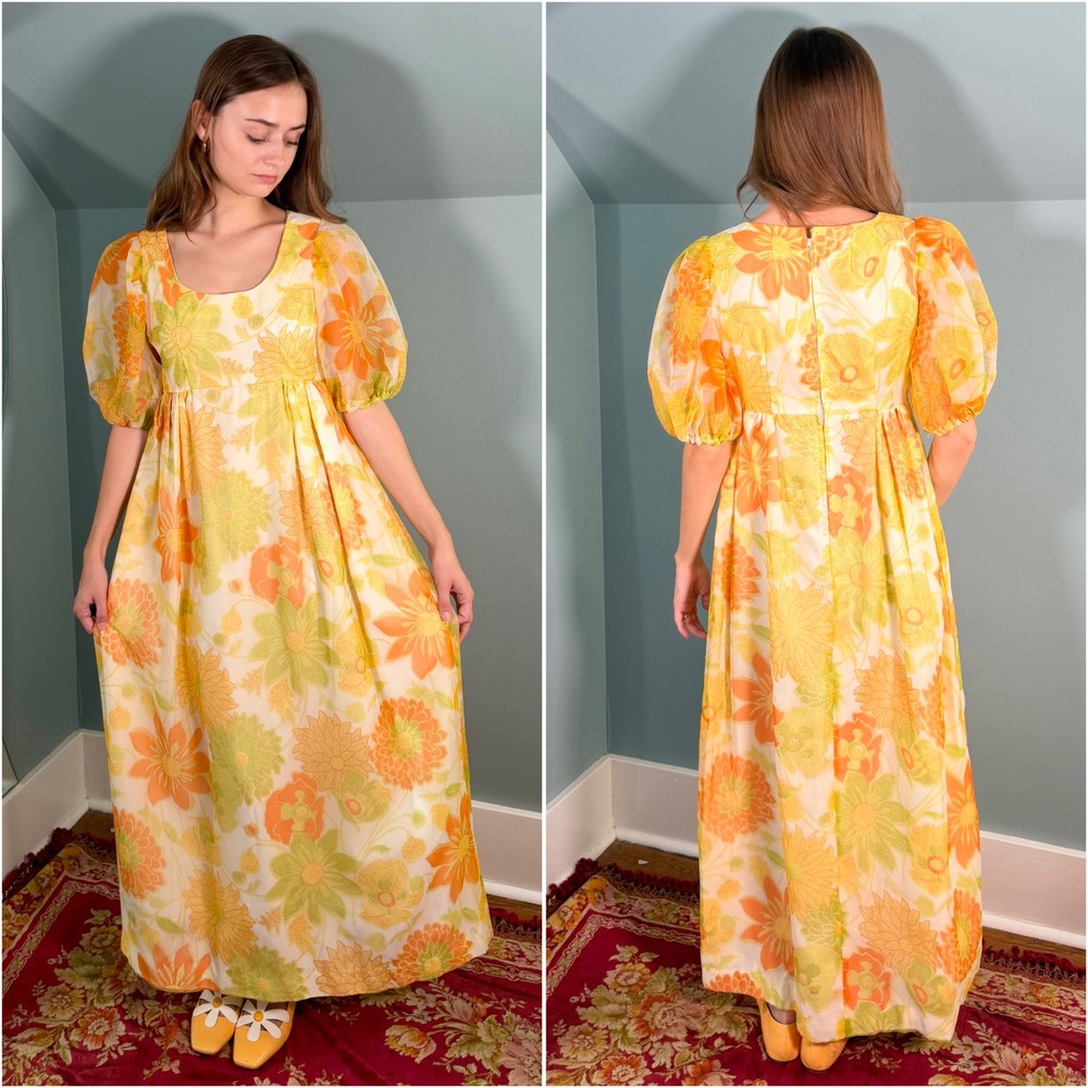 Vintage 1970s Flower Power Dress Puff Sleeves 70s 1960s 60s Floral Fall Romantic